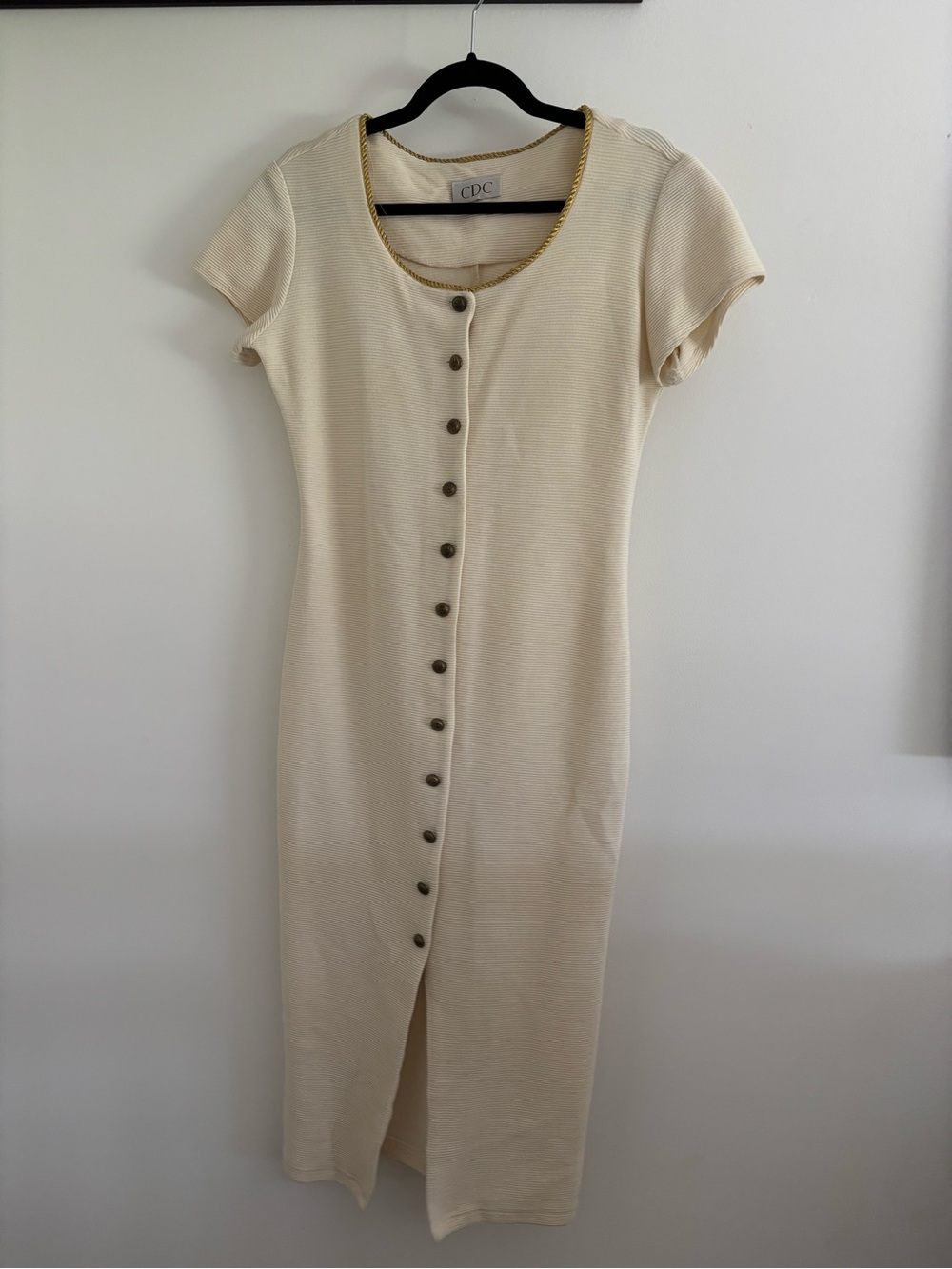 CDC Cream Ribbed Button-Front Midi Dress with Contrast Trim